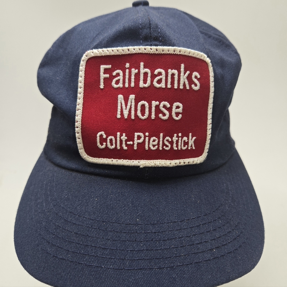 Vintage Fairbanks Morse Colt-Pielstick Promo Hat Navy Red Patch Adjustable Cap